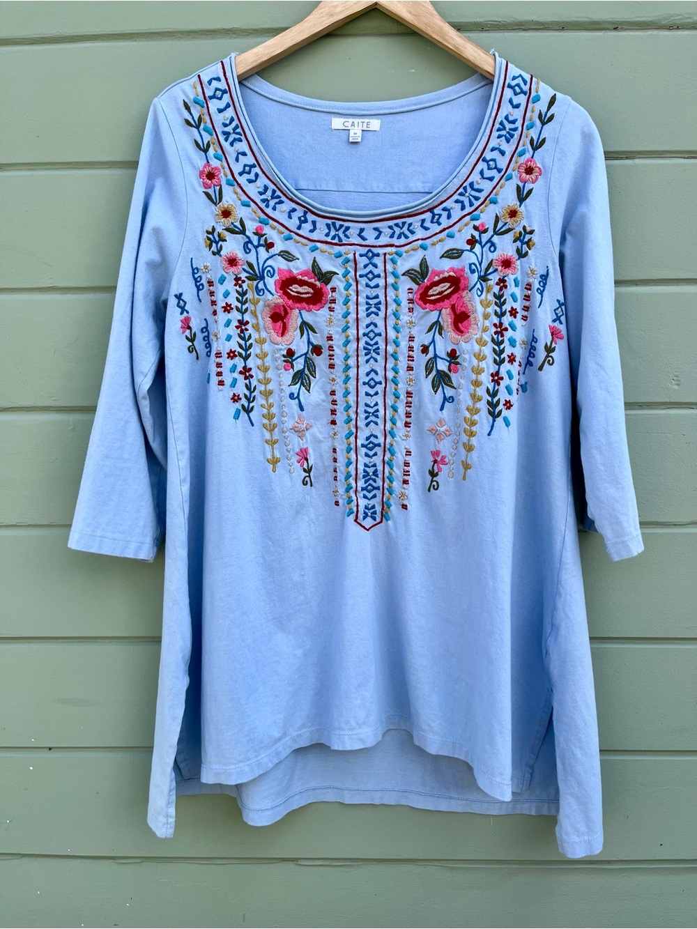 Caite M Light Blue Embroidered Scoop Neck Tunic Top